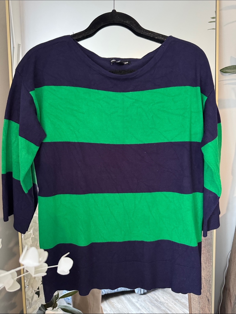 Cable & Gauge Striped Navy and Green Wide-Stripe Lightweight Sweater
